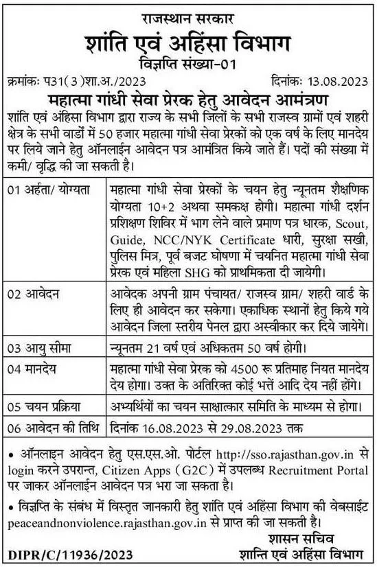 Rajasthan Mahatma Gandhi Seva Prerak Recruitment 2023 1